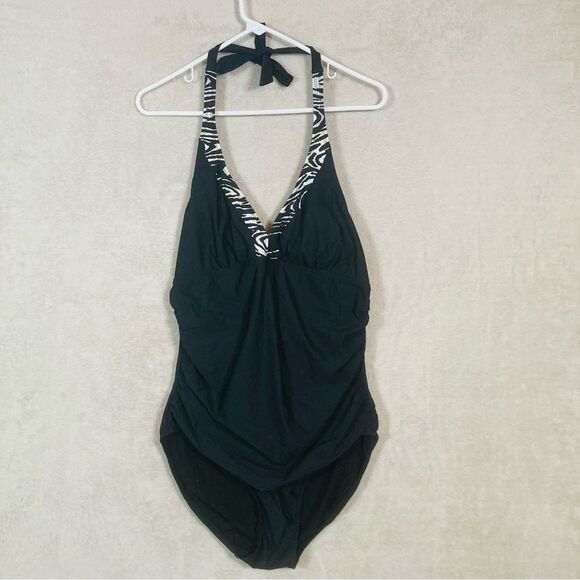 Love Your Assets Spanx Power Suit Swim One Piece Halter Size XL Black Zebra Trim - Picture 1 of 7
